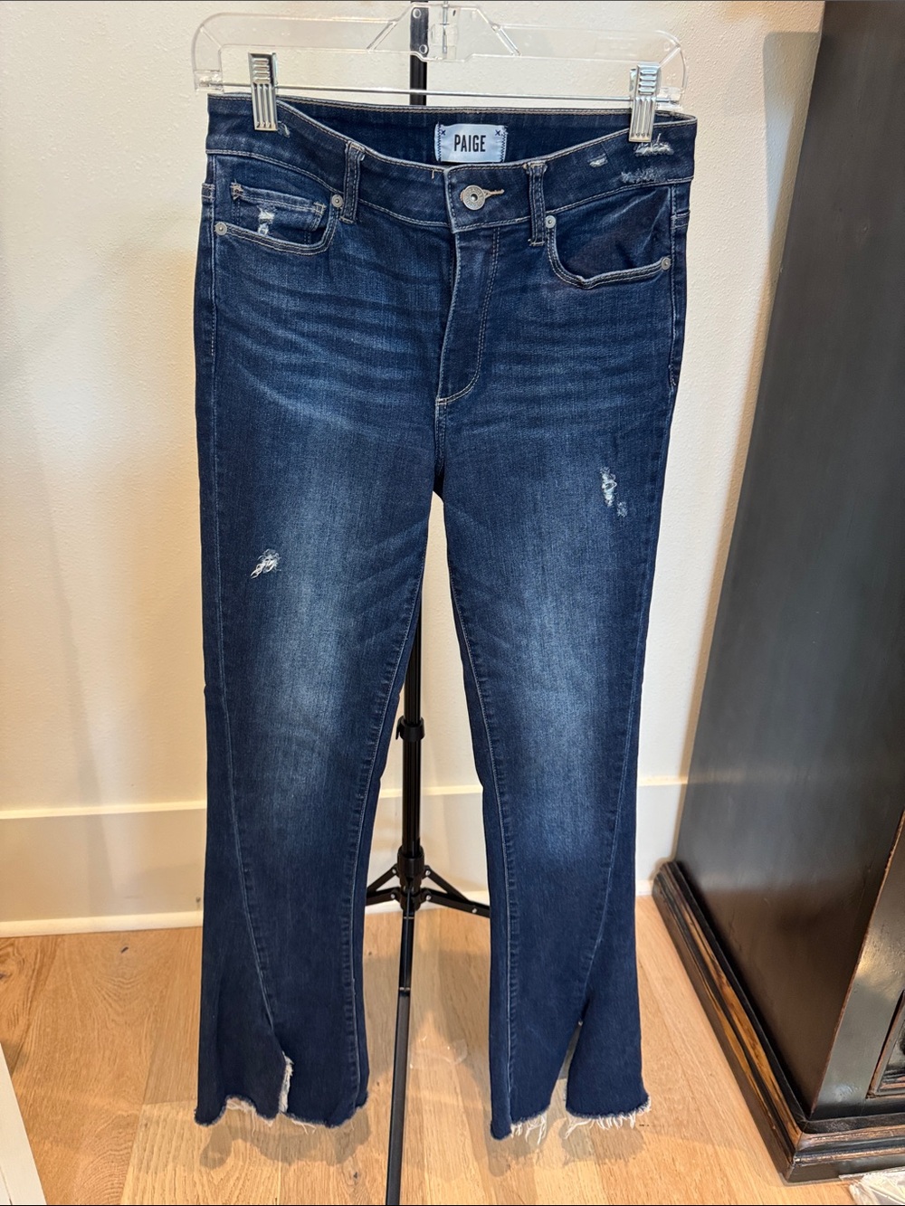 PAIGE High Rise Lou Lou Dark Blue Distressed Wide‎ Leg Jeans